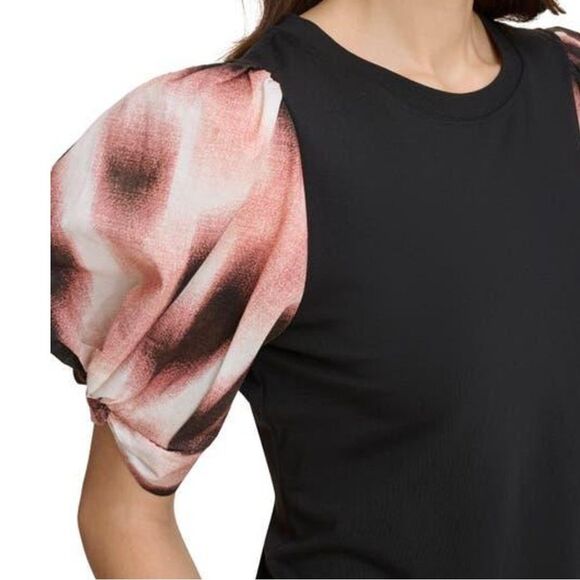 DKNY black mixed media puff sleeve top size small NWT - Picture 2 of 8